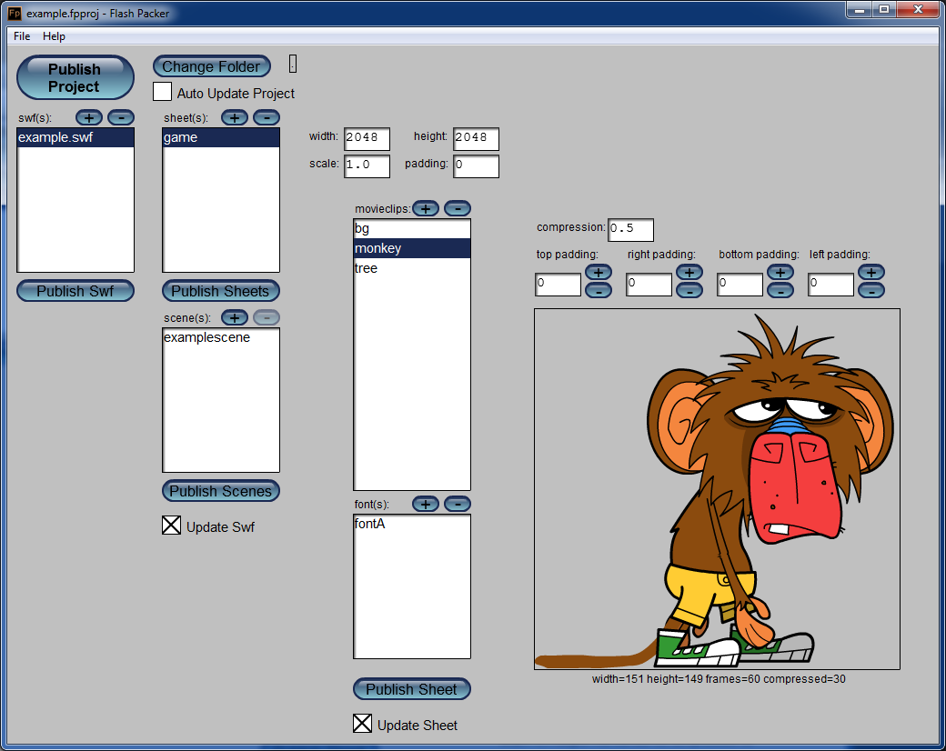 Viewing a movieclip called <i>monkey</i> in the <i>game</i> sprite sheet.