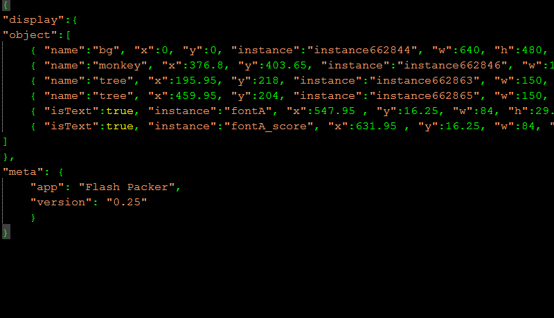 Scenes are saved to a json file, including x/y cooradinates, scale, transparency, instance names and many other properties.