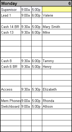 Schedule with shift times displayed