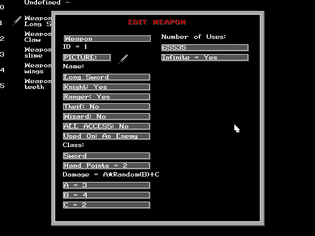 Editing a weapon in the Item Editor. Here you can define what a weapon looks like, who can use it, how many hands are needed to hold it, how much damage it does as well as other properties. Items defined in the Item Editor are recognized by the script language I developed for the game and can be used to interact with characters.