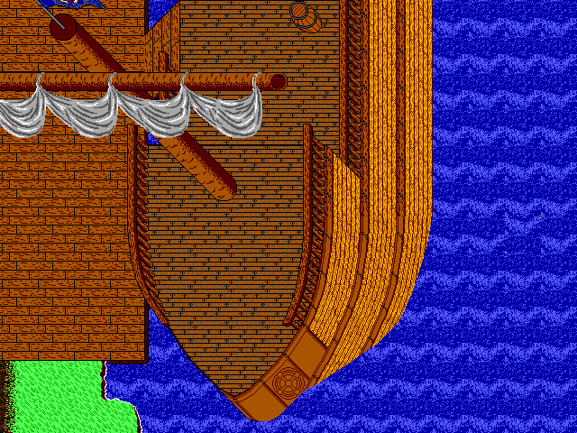 A docked ship drawn with tiles in the Map Editor, viewed in day mode.