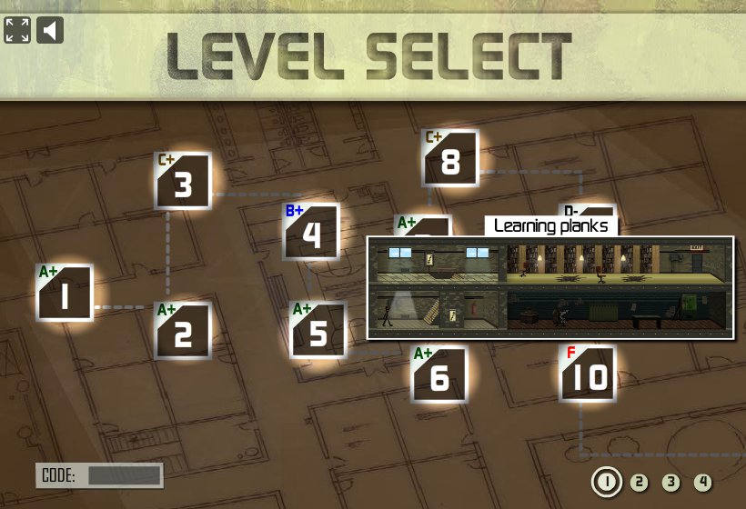 Level selection page. A preview of each level is displayed when user mouses over each square. Highest score (your grade) is also displayed for each level.