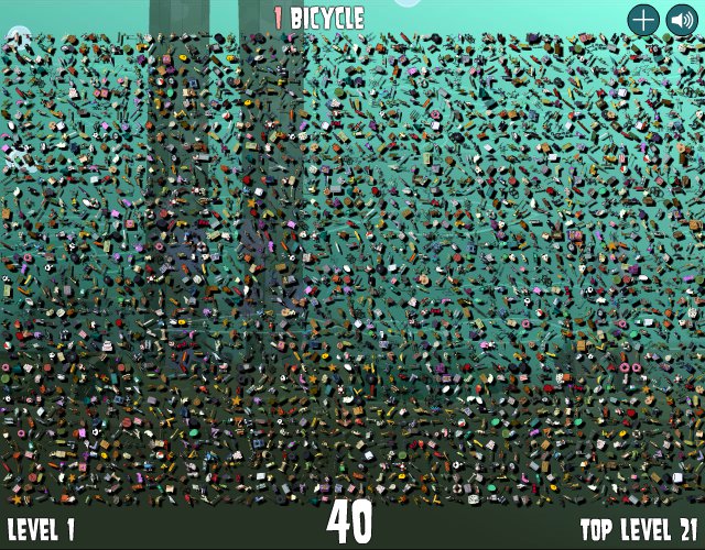 Just for fun, there are 2,752 objects on this screen! If there are not enough unique objects to make a level, the game engine will spread the objects out so they are repeated as few times as possible.