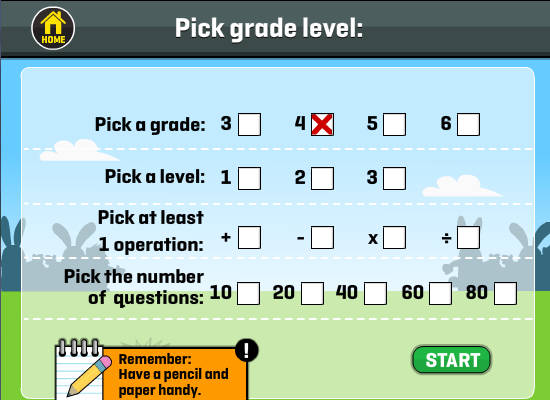 Grade selection menu, where user can pick a game by which grade and operations they wish to try.