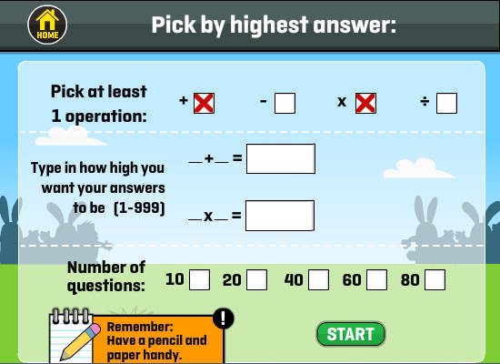 Highest number menu, where user can pick a game by which range of numbers they wish to try.