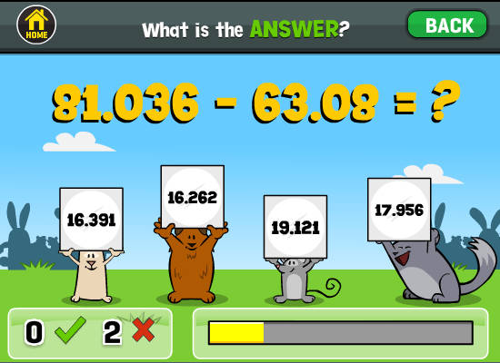 Decimals appear in the later grades, along with an appropriate range of random answers to choose from.