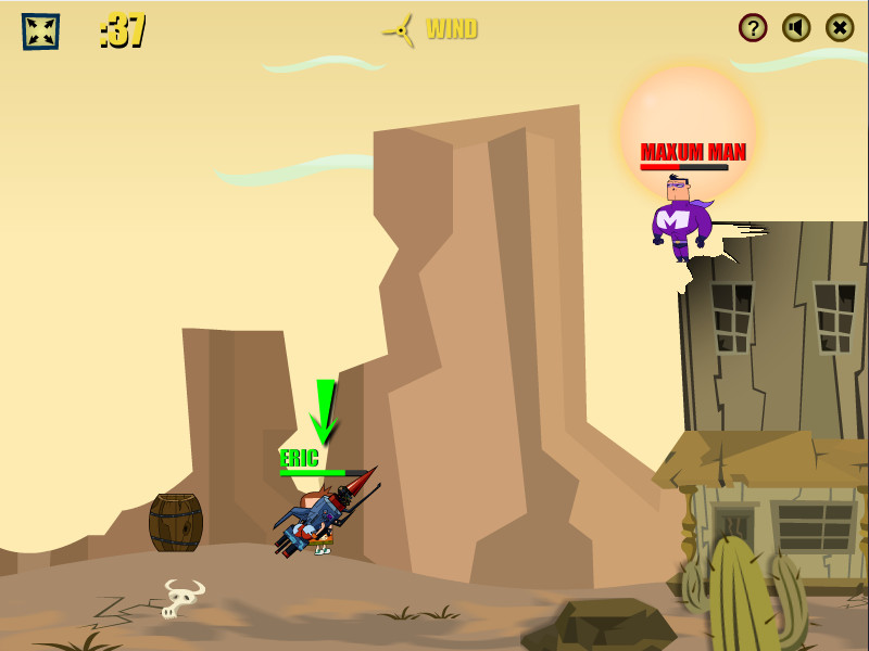 Eric aiming at Maxum Man with a rocket in the desert level.