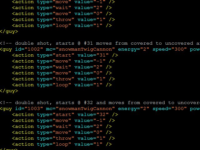 The game characters, graphics, sounds, levels and difficultly can be fully configured in an XML file. For example the speed, energy, aggressiveness, accuracy and ammunition for each enemy can be changed by simply editing a line.