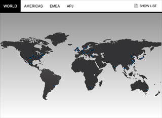 World map view in the interactive map. The user can click on a continent or on the top navigation bar to zoom in closer to the map. Each region changes colour when the mouse is rolled over, to let the user know they can click on it.