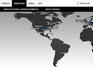 City names become visible as the user zooms closer to a region. The interactive map features animation for zooming in and out of regions.