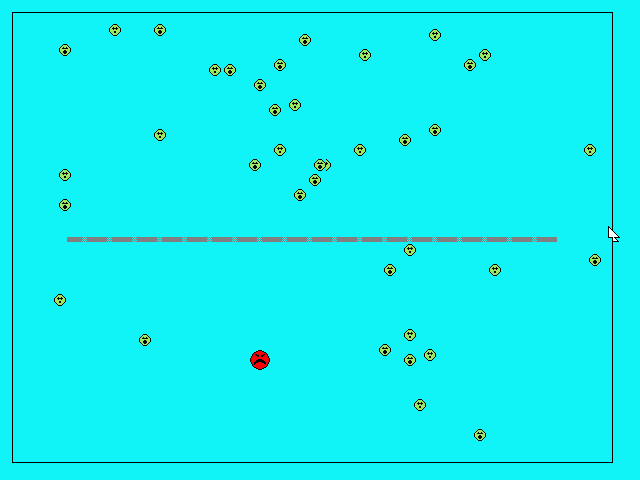 Green fish escaping from the red fish. Part of the AI for the prey involved determining which half of the screen had fewer predators and having the prey gravite to that half. If you let this program keep running, the red fish will eventually eat everyone.